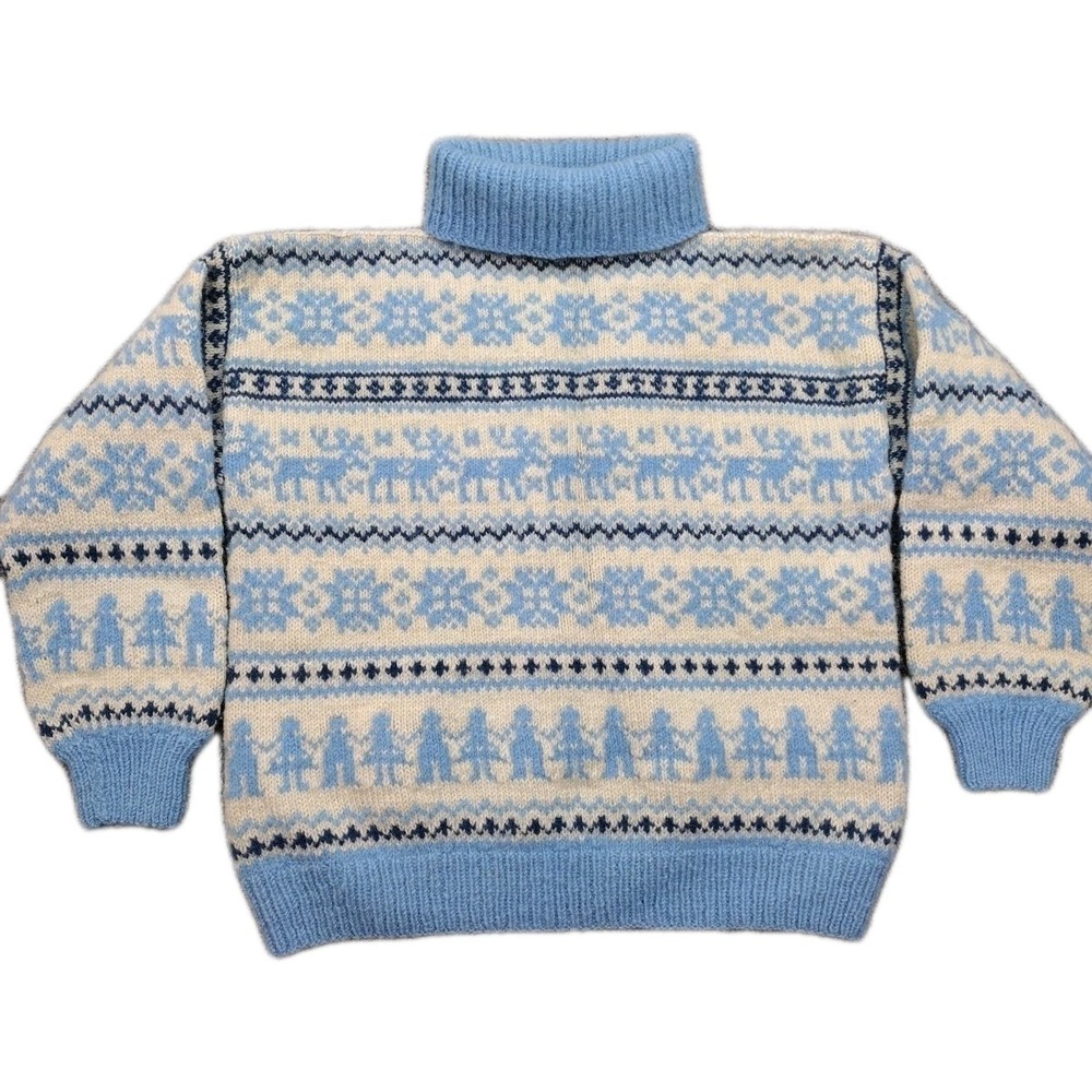 Vintage 80's Handknit 100% Wool Icelandic Sweater Blue White Nordic Reindeer Ski